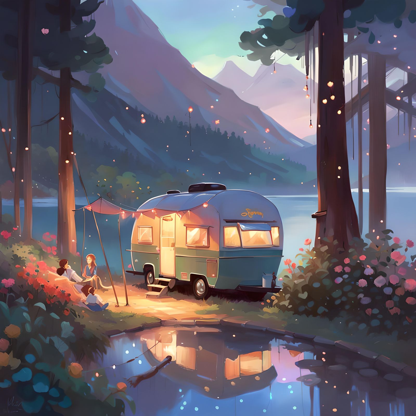 Cozy Lakeside Camper at Dusk, Digital Art