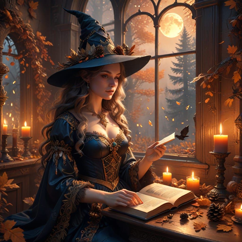 Witch in Castle Study with Autumn Forest View