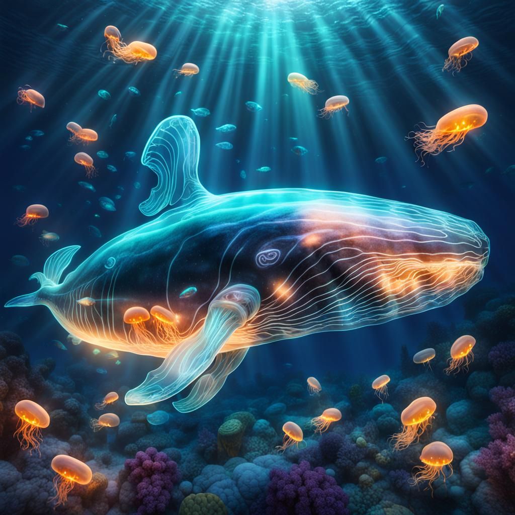 Glowing Glass Whale in Ocean with Jellyfish