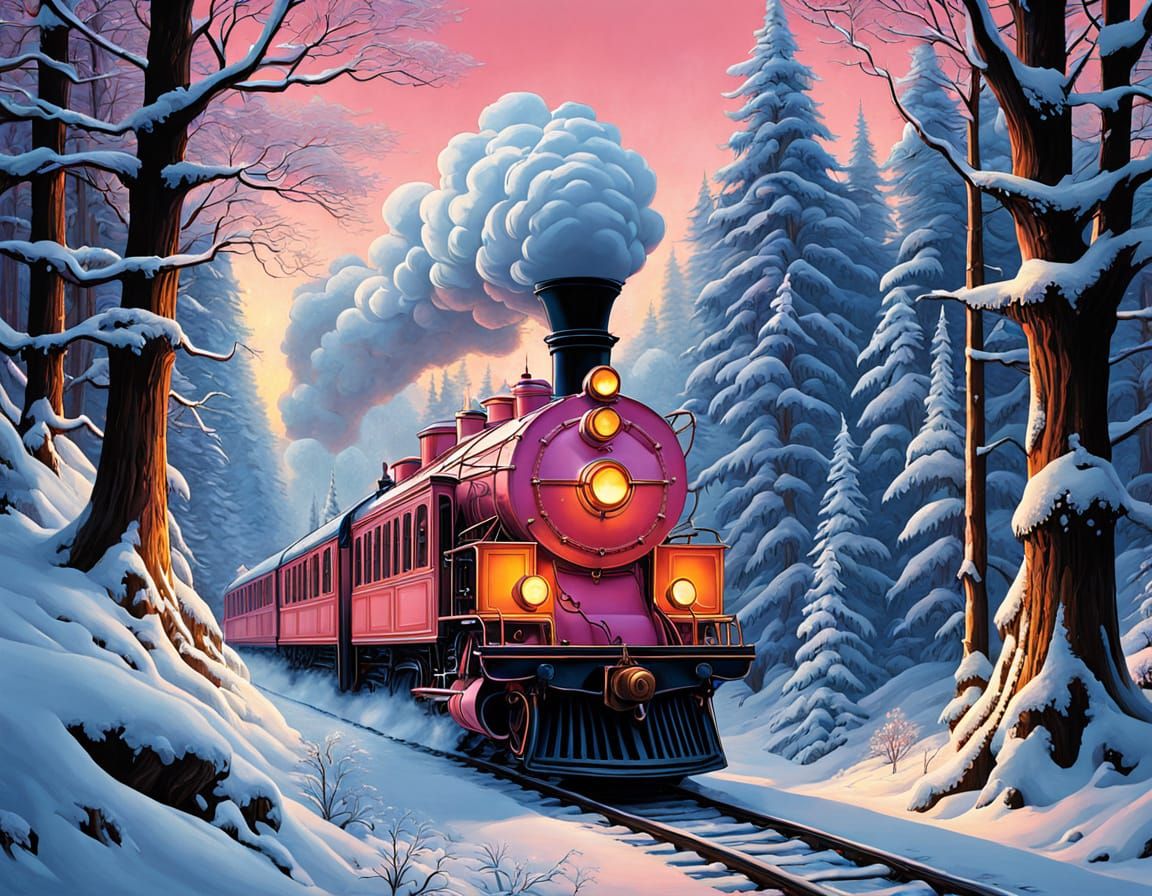 Fantasy Steam Train in Snow-Covered Forest at Dusk