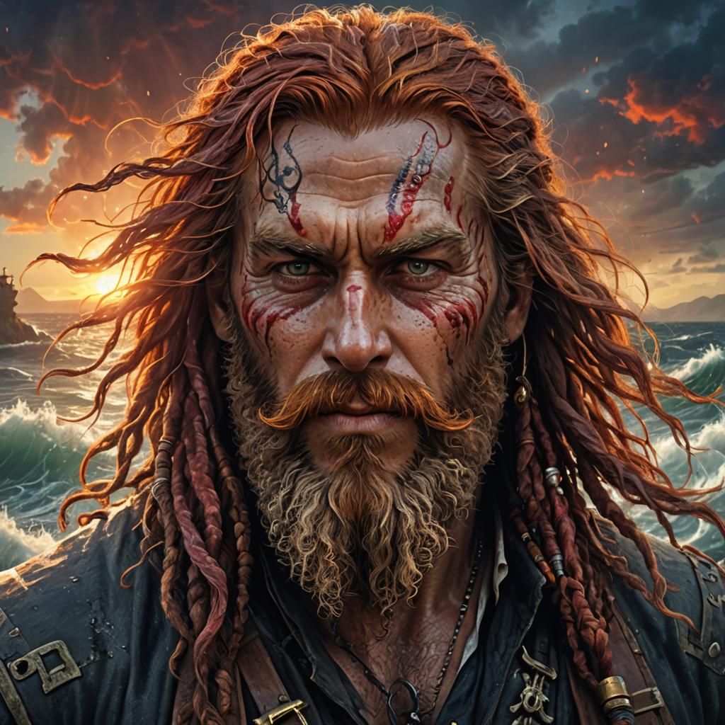 Pirate Portrait with Red Beard and Sunset Sky