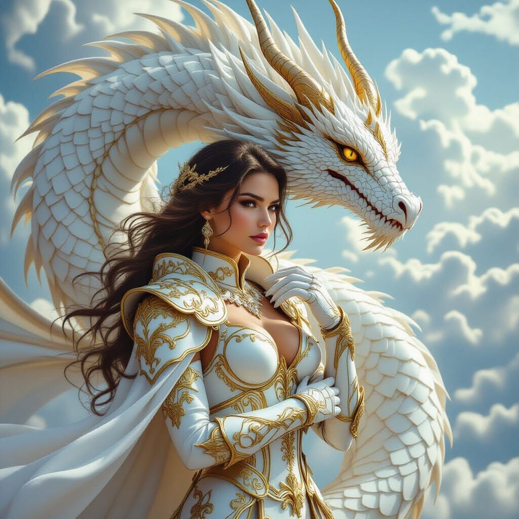 Dragon Coiling Around Armored Woman: Ethereal, Realistic Art