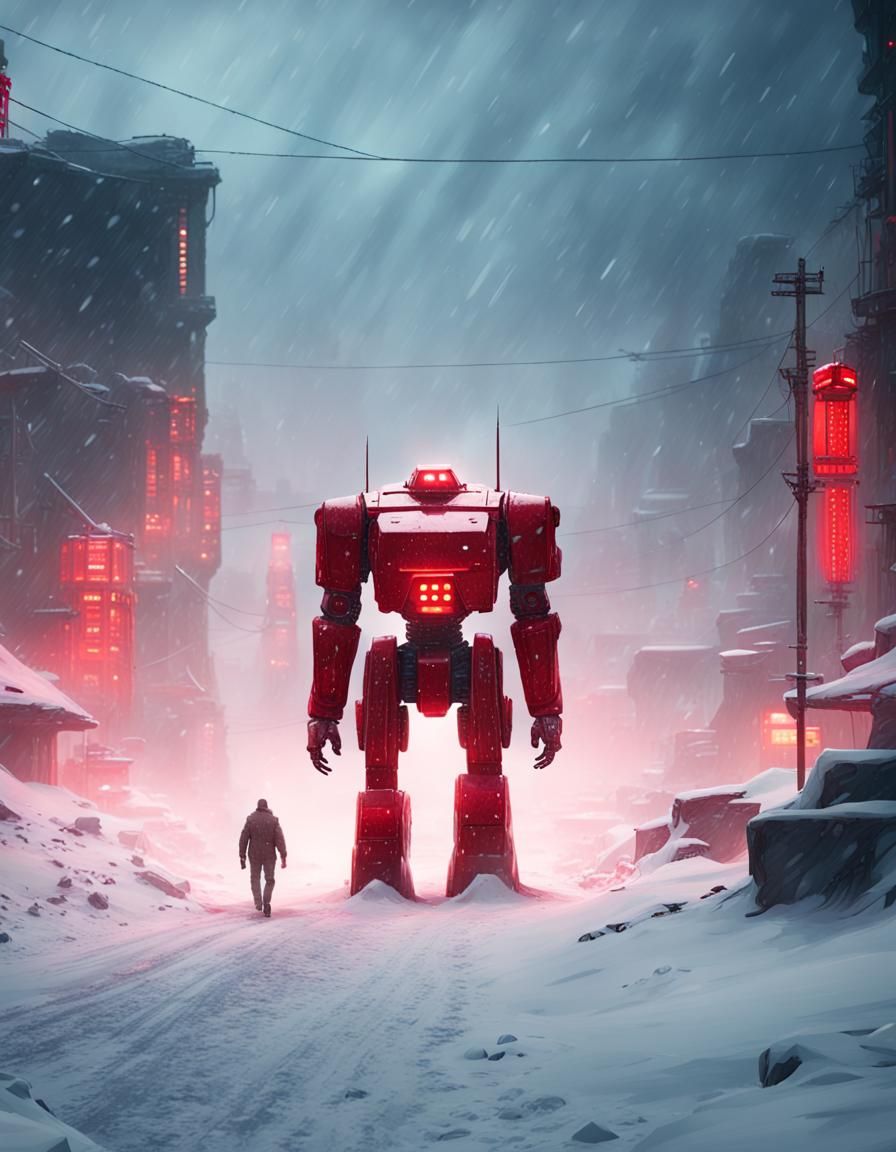 Vintage Red Robot Walks in Cyberpunk Snow Desert
