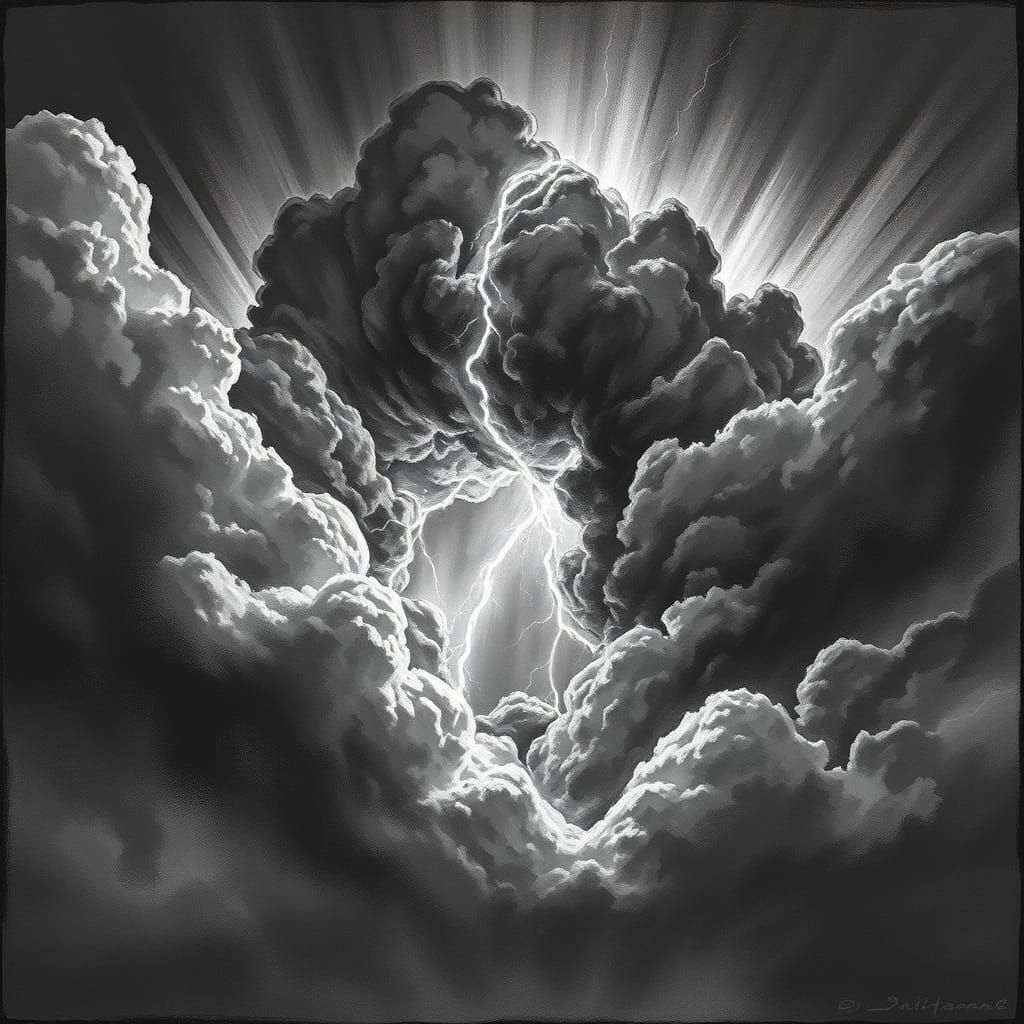 Dramatic Lightning Illuminating the Sky in Charcoal Style