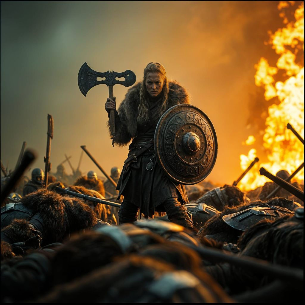 Viking Shieldmaiden Surveys Battlefield in Cinematic Style
