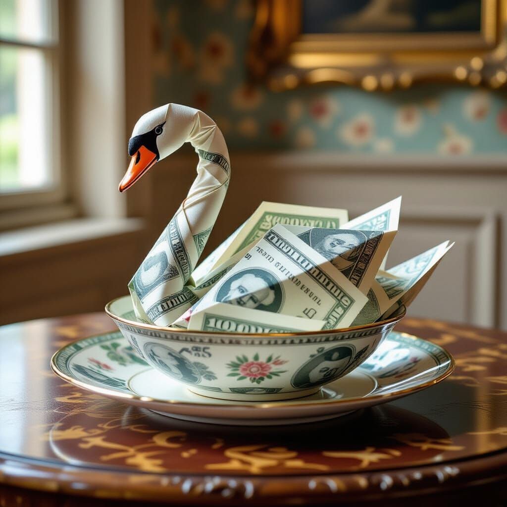 Origami Swan Made of Banknotes, Baroque Still Life