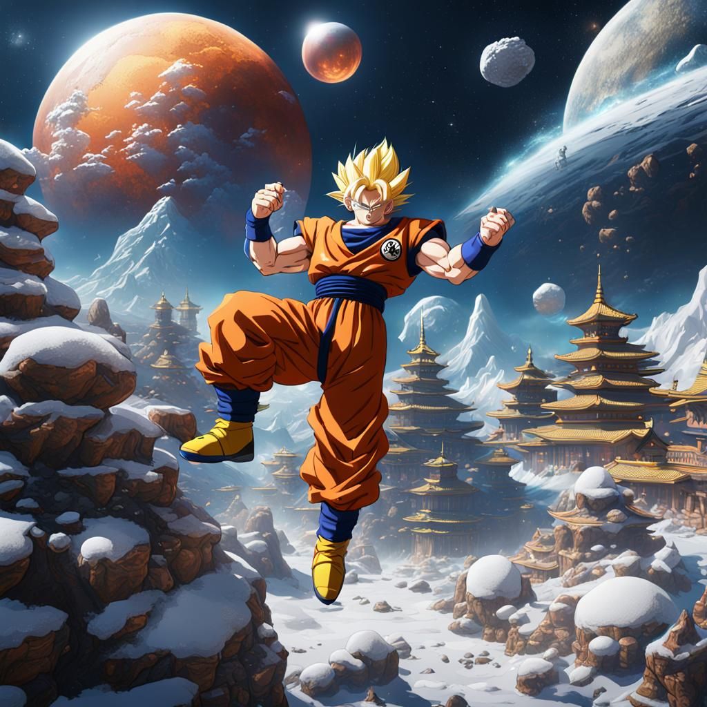 Characters from dragon Ball z having a snowball fight in space