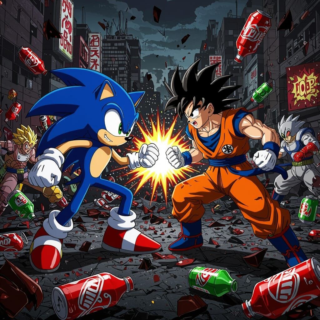 Sonic and Goku's Soda Pop Battle in Manga Style