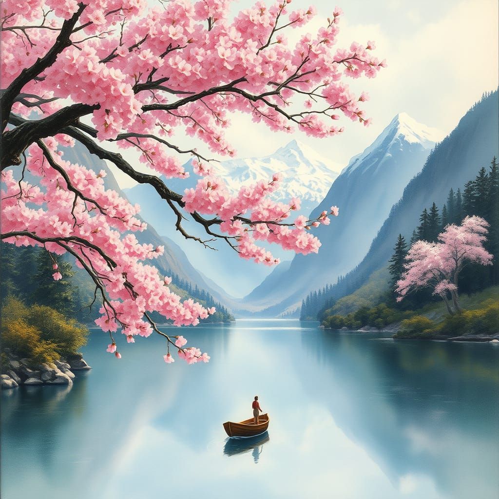 Boat Drifting on River with Cherry Blossom Tree