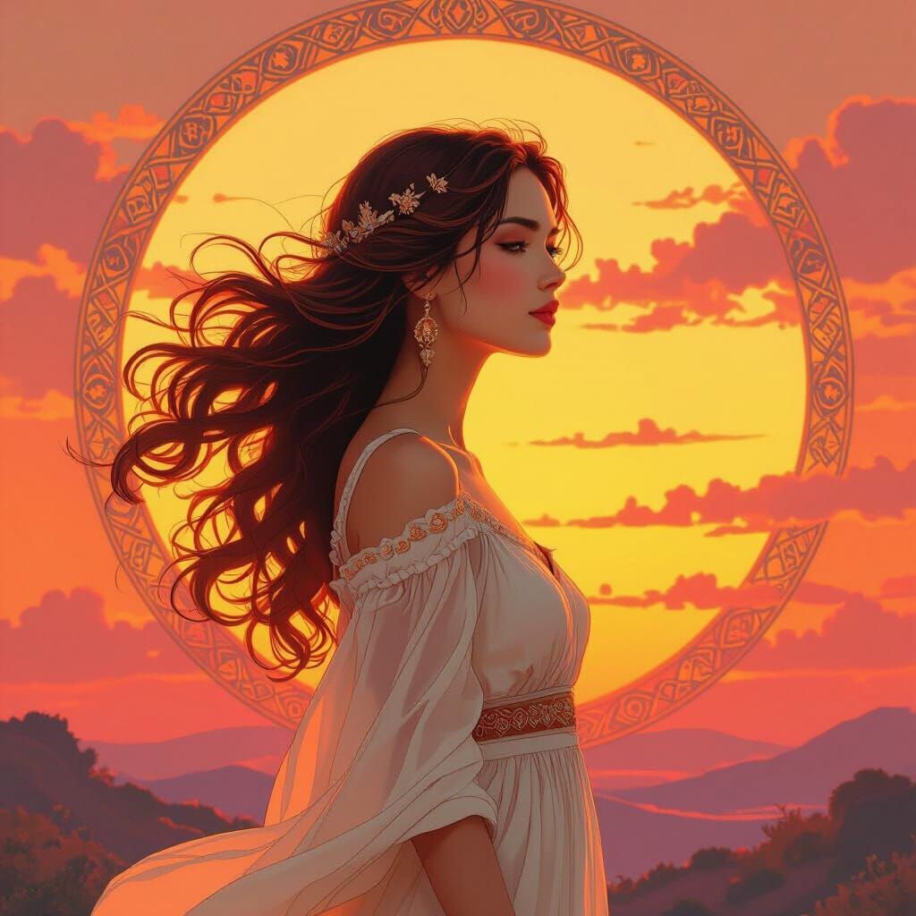 Ethereal Woman Silhouette at Sunset in Art Nouveau Style