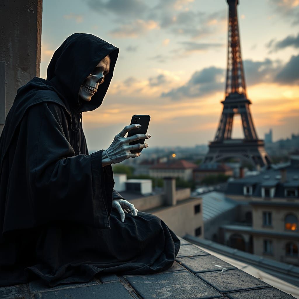 Grim Reaper Selfie in Paris: Hyperrealistic Digital Art