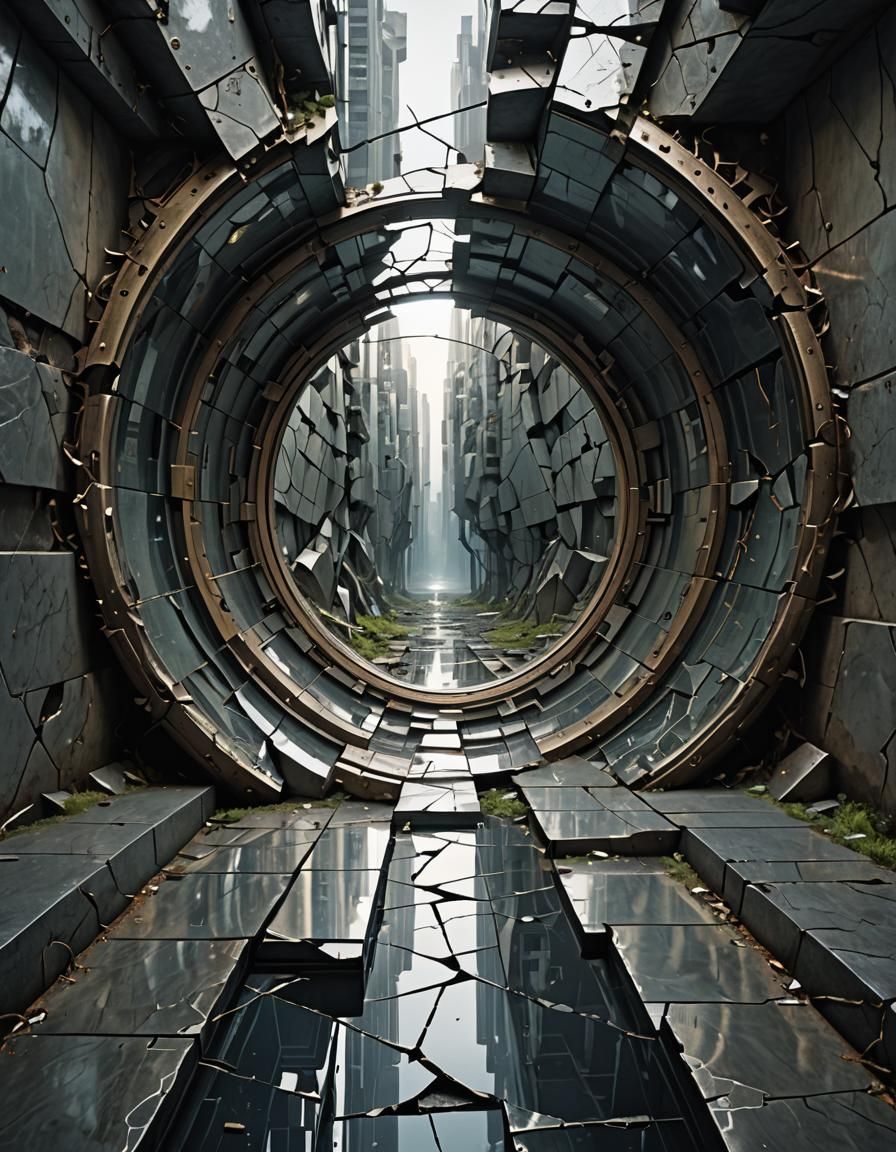 Futuristic Time Portal with Geometric Cracks