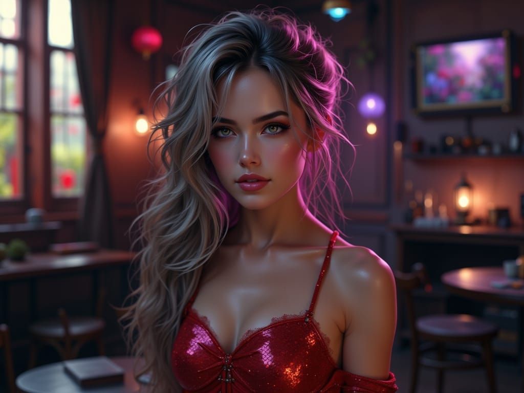 Seductive Woman in Red Gown with Neon Eyes