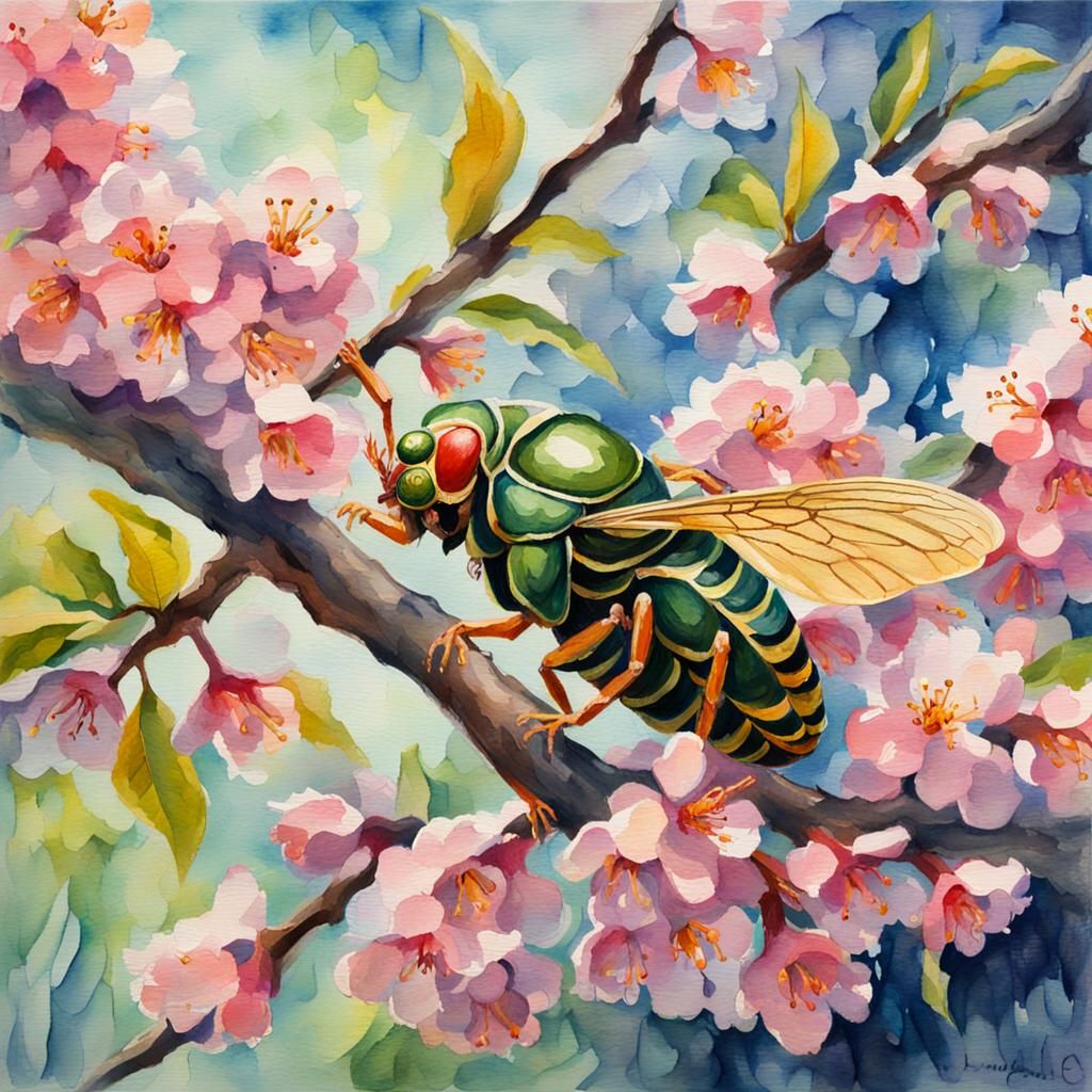 Cicada Song in Cherry Tree: Gouache Watercolor