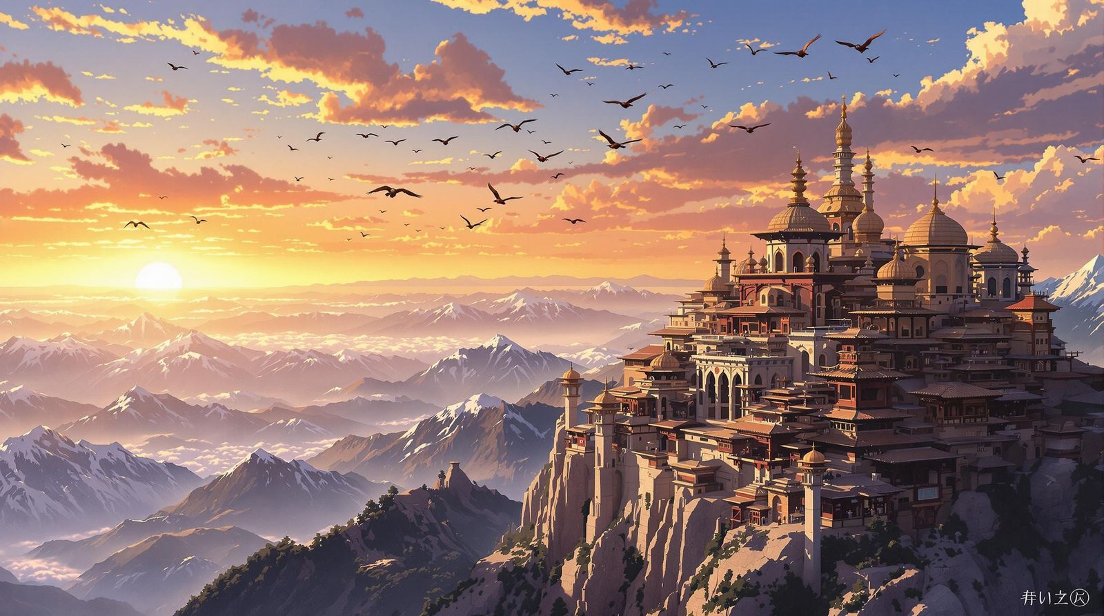 Sunset Over Ancient Japanese Mountain Monastery