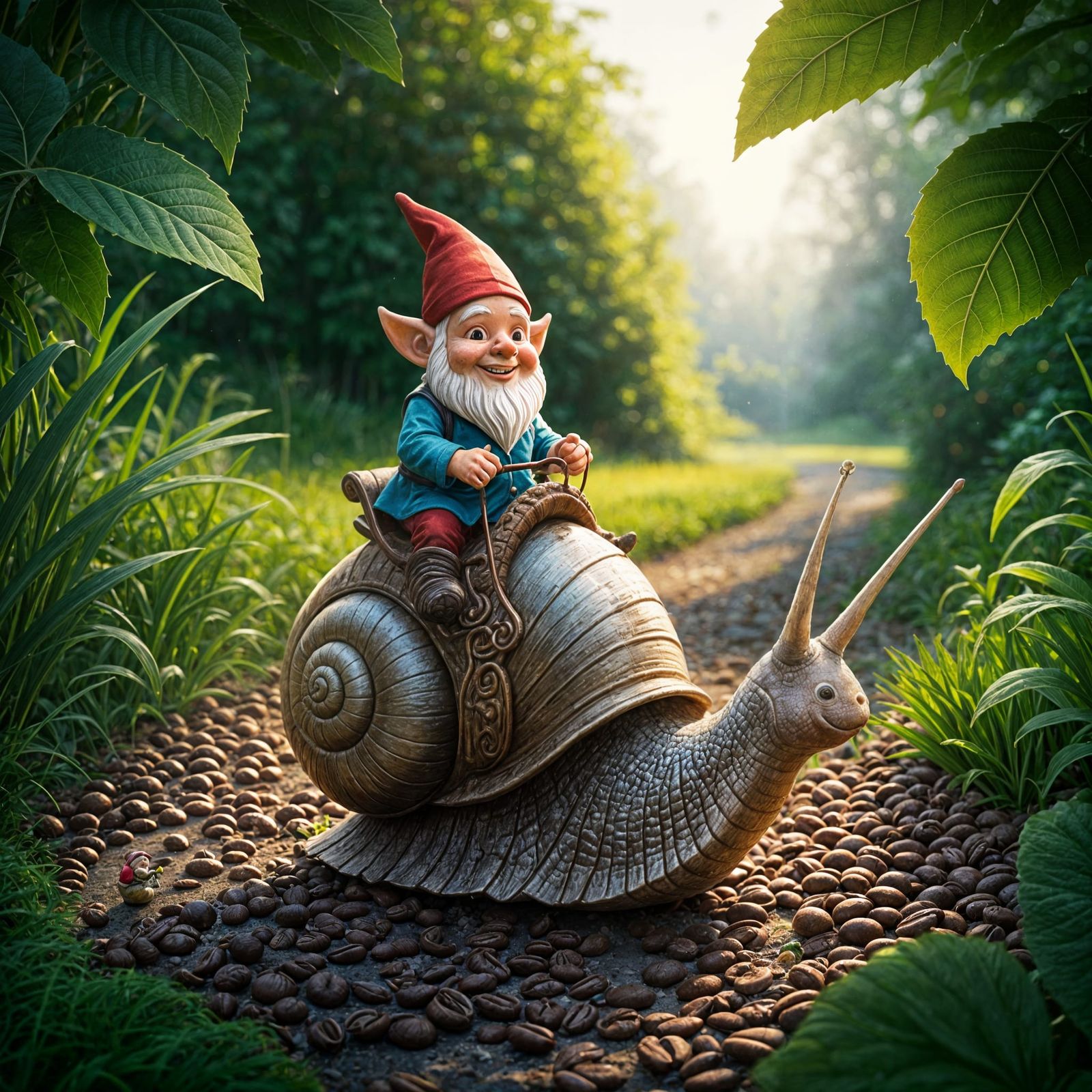 Garden Gnome Rides a Snail Through Coffee Bean Garden