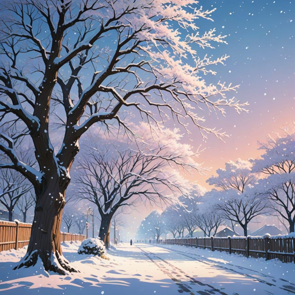 Japanese Anime Snow Scene in Vibrant Pastel Colors
