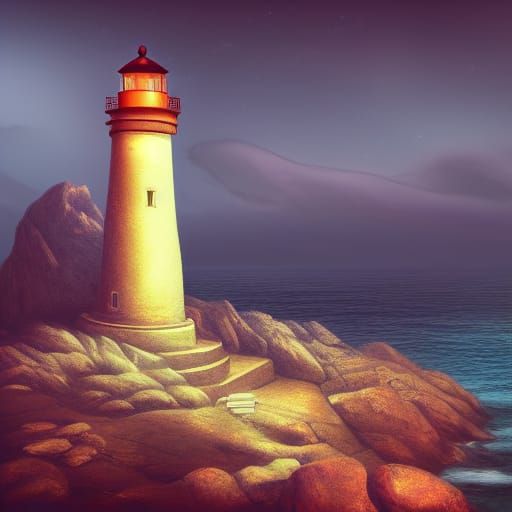 Night Lighthouse on Rocky Coast: Digital Matte Painting