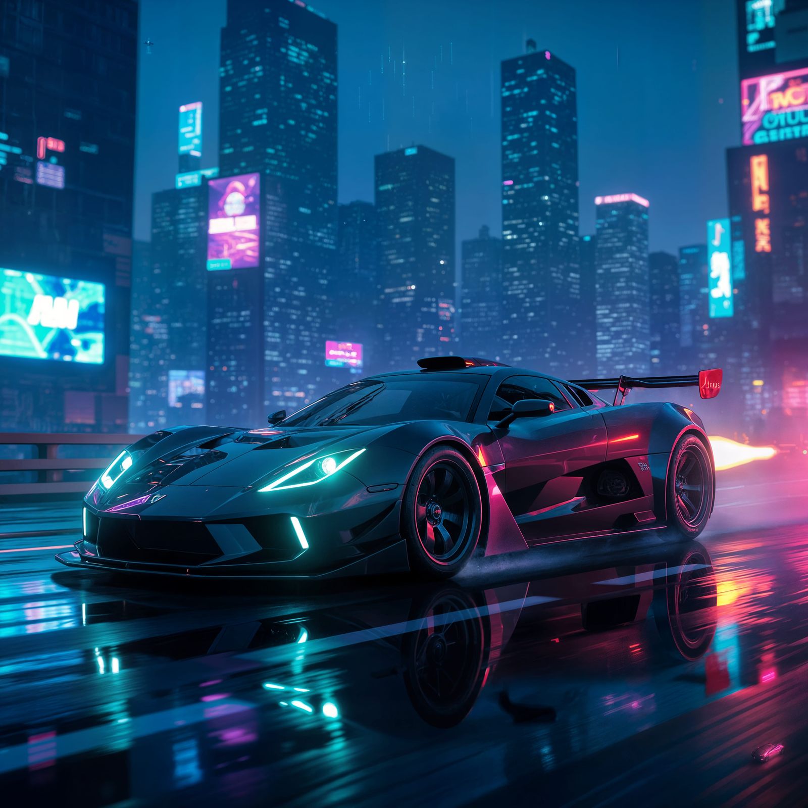 Futuristic Hot Rod Races Through Cyberpunk Cityscape