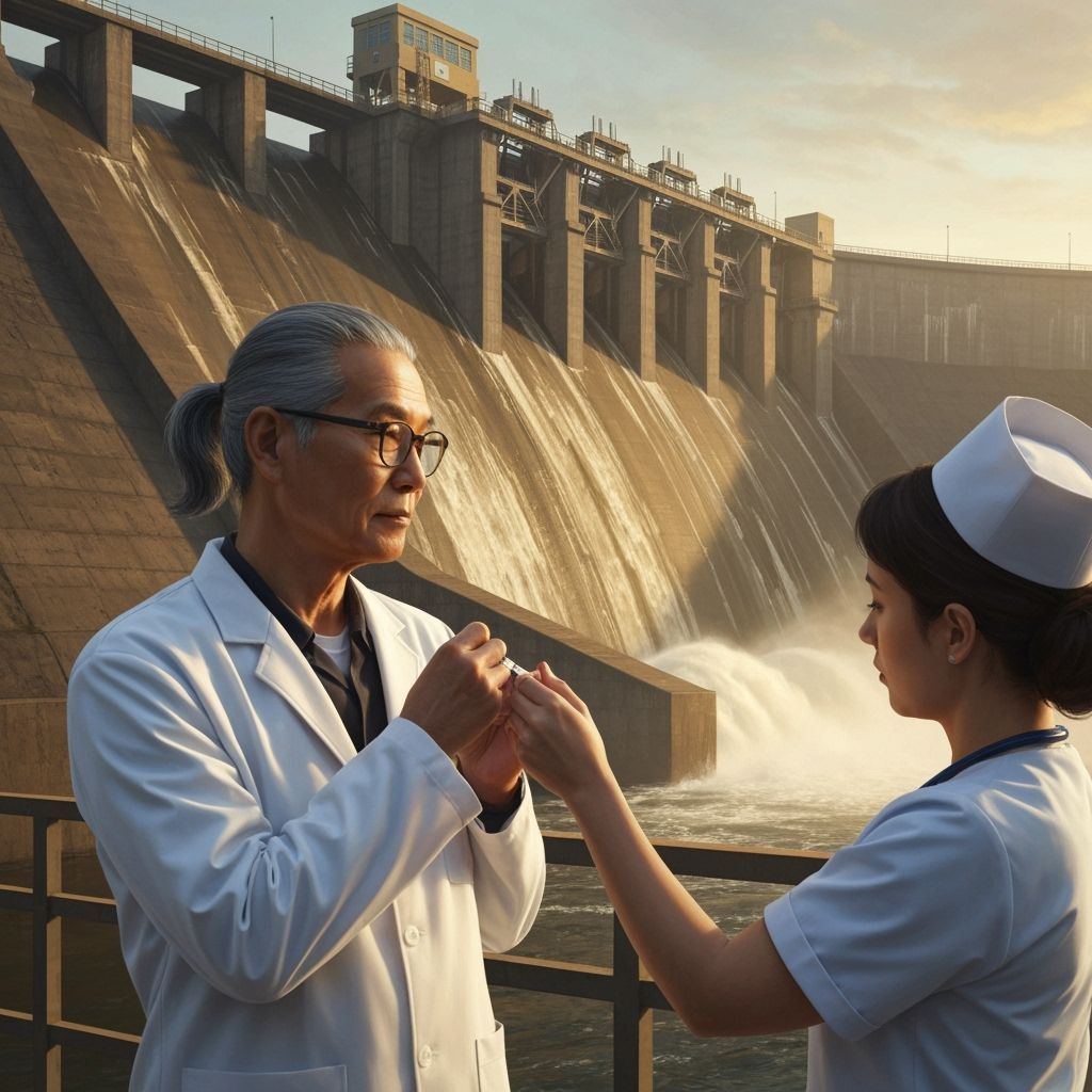 Flu Shot Beside Majestic Dam: Retro Sci-Fi Style