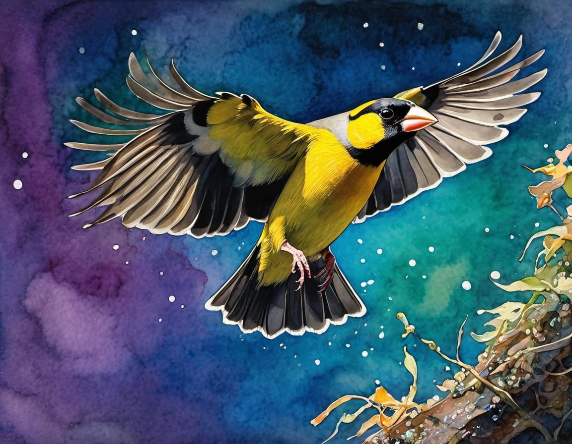 Evening Grosbeak in Dramatic Dive, Vibrant Watercolour