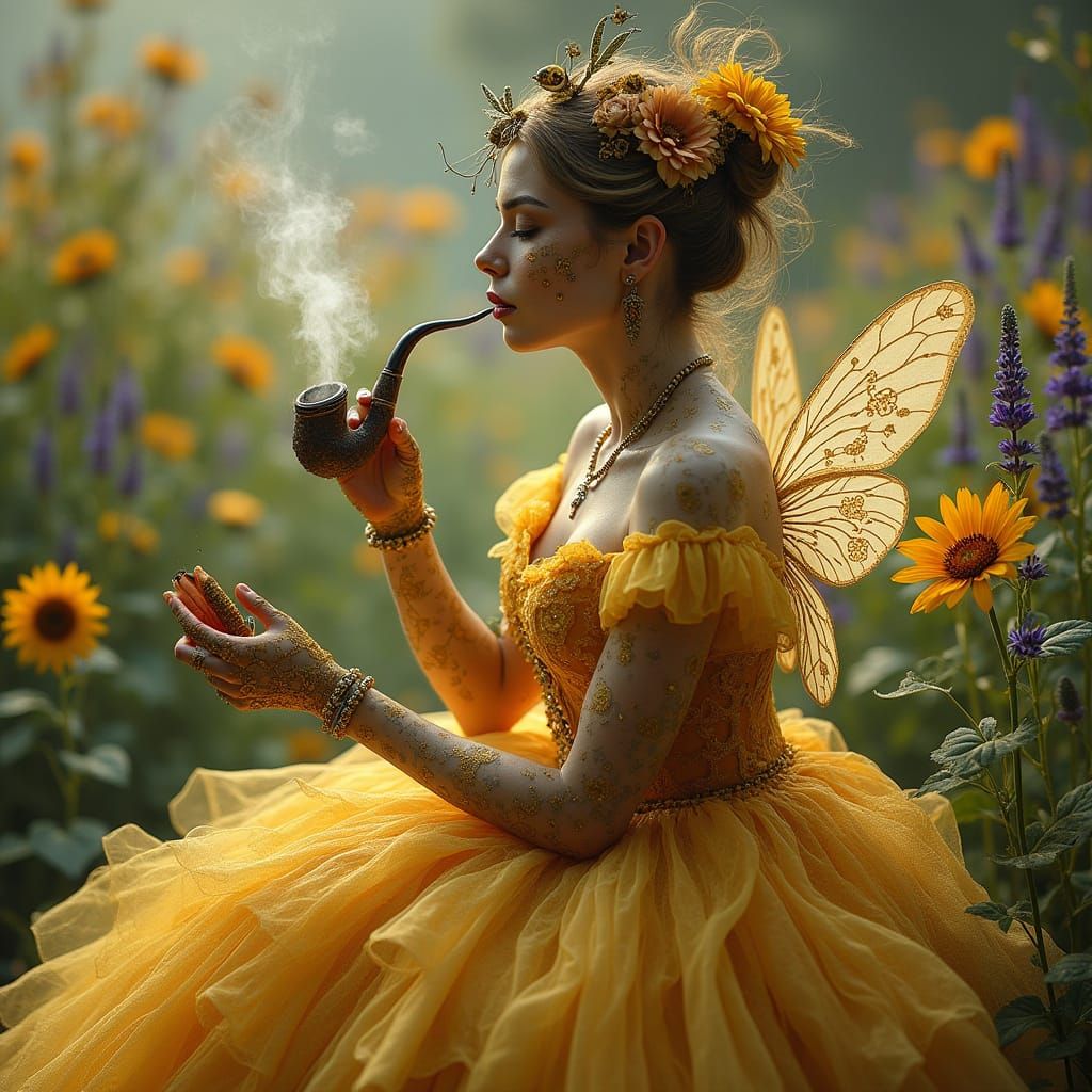 Bee Woman Puffs Pipe in Enchanted Garden