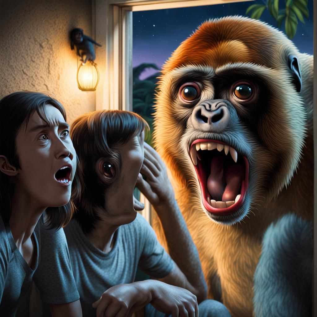 Cartoon Howler Monkey Screaming Outside Home at Night