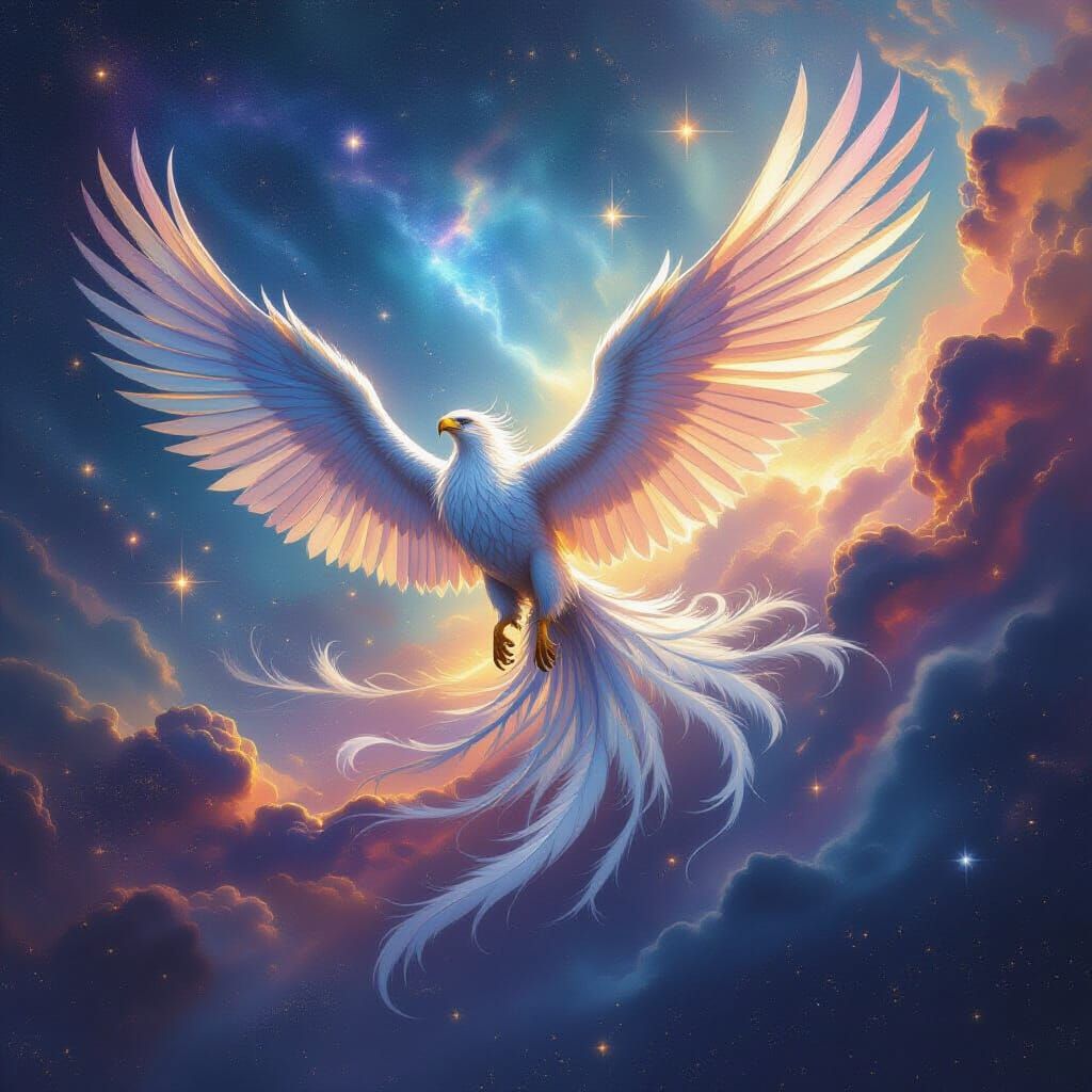 Iridescent Griffin Soaring Through Nebula Sky