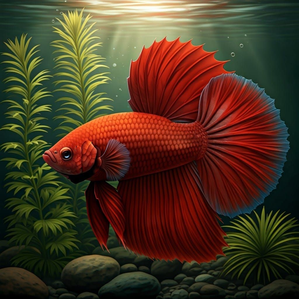 Realistic Underwater Painting of a Red Betta Fish in a Sunli...