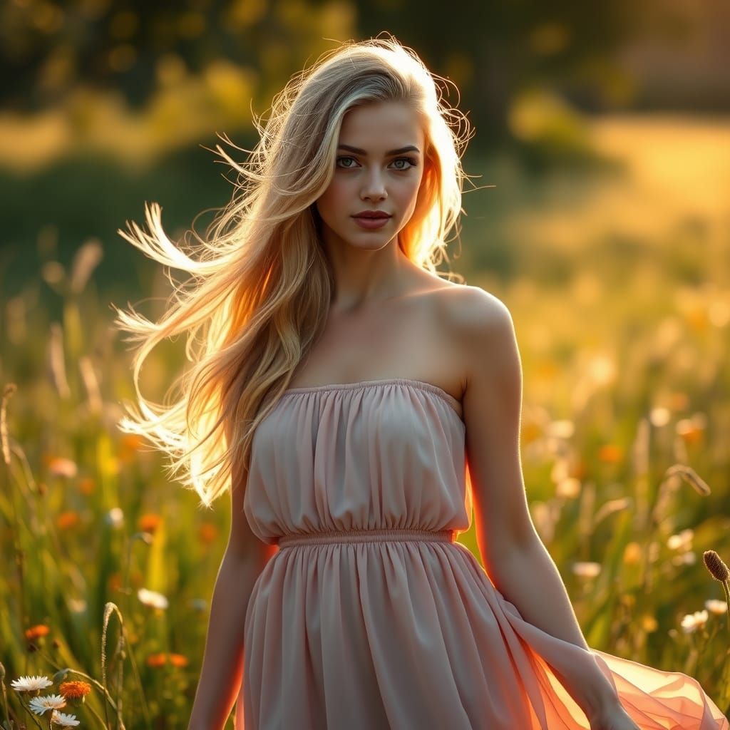 Golden Hour: Woman in Meadow, Vibrant Colors