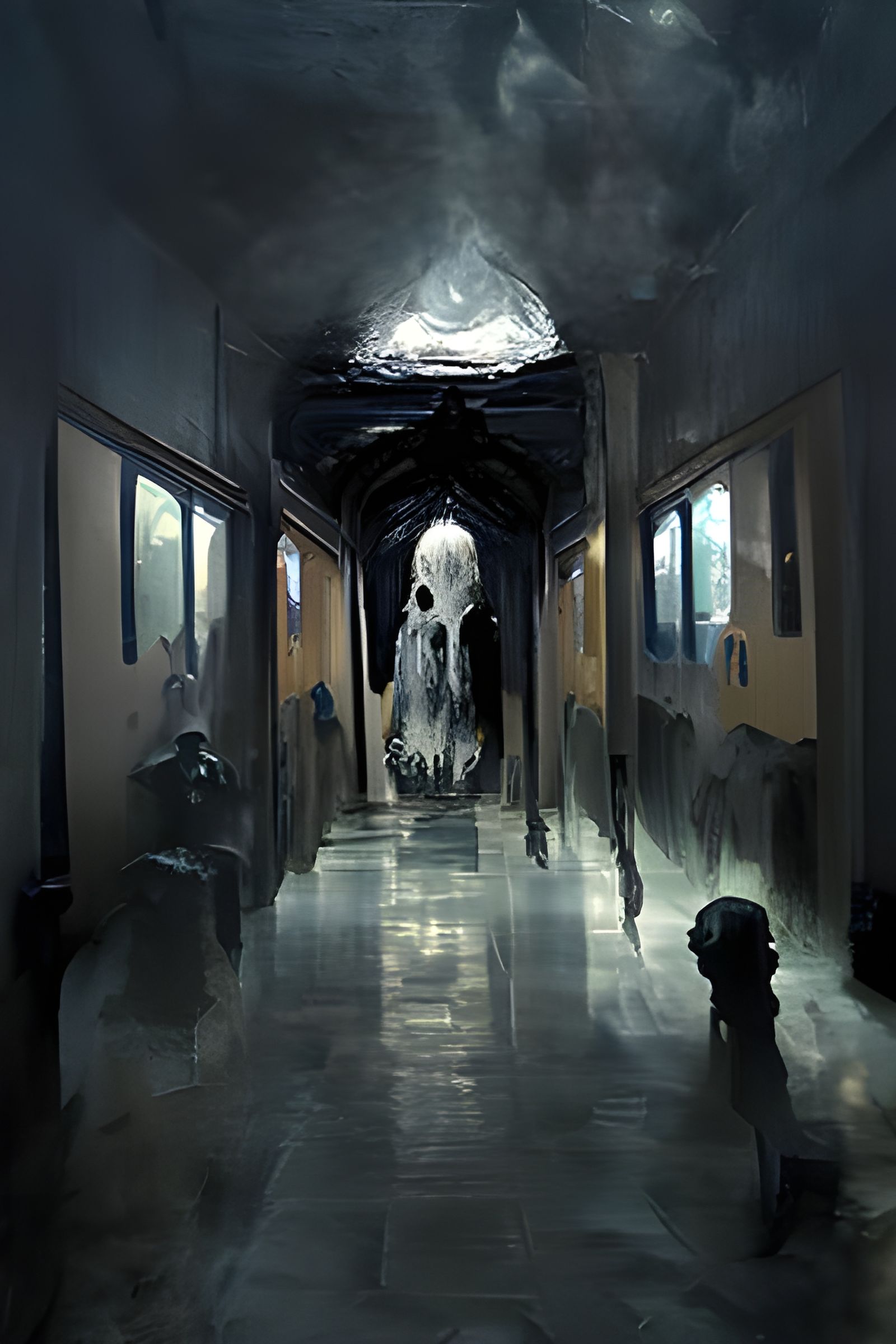 Eerie Ghost Silhouette in Abandoned Hallway Art