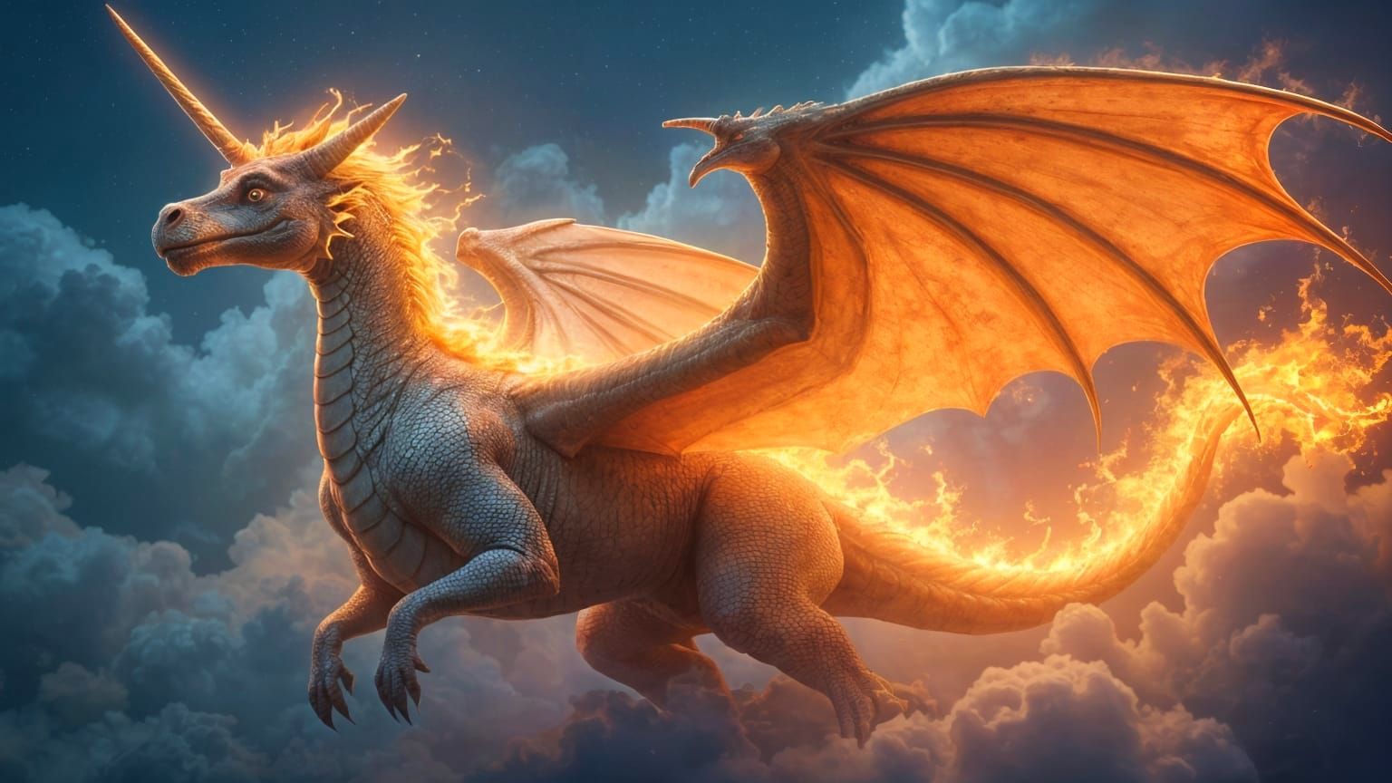 Fantasy Dragon with Unicorn Horn and Pegasus Wings in Ethere...