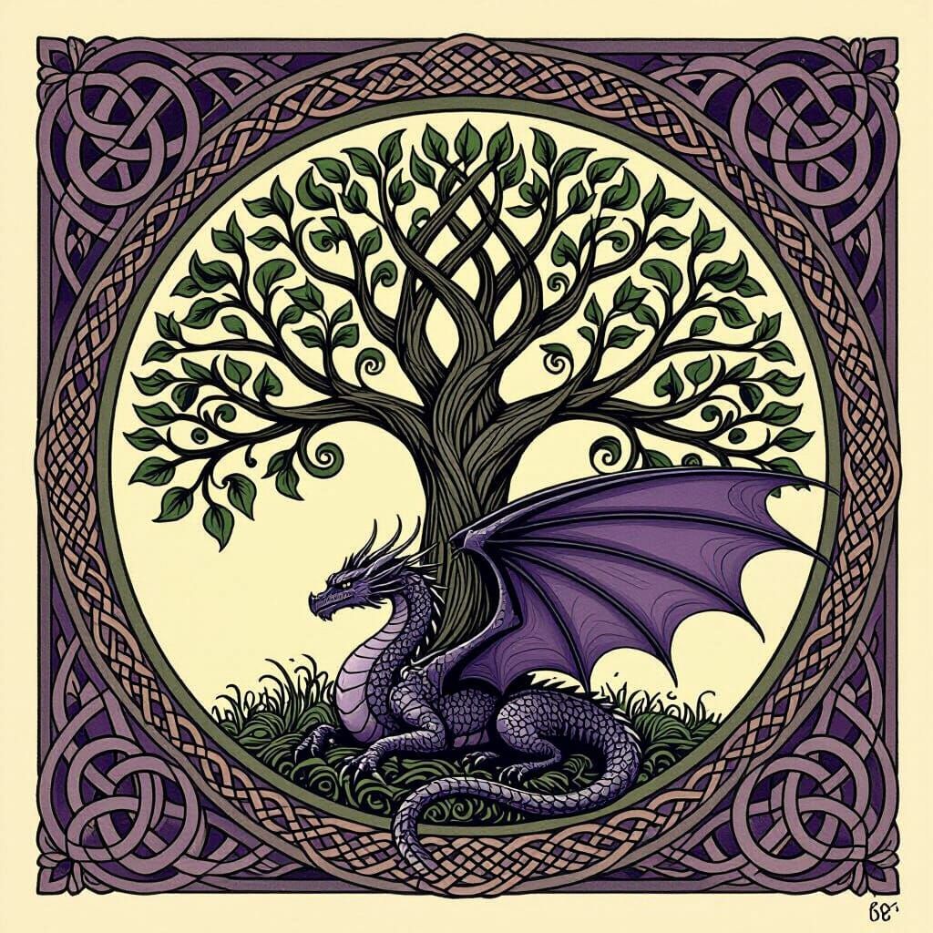 Celtic Tree of Life with Dragon in Art Nouveau Style