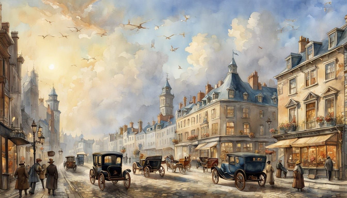 Watercolor Cityscape with Antique Vehicles and Storybook Bui...