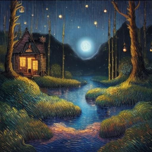 Mythological Moonlit Dreamscape in Vintage Flat Illustration