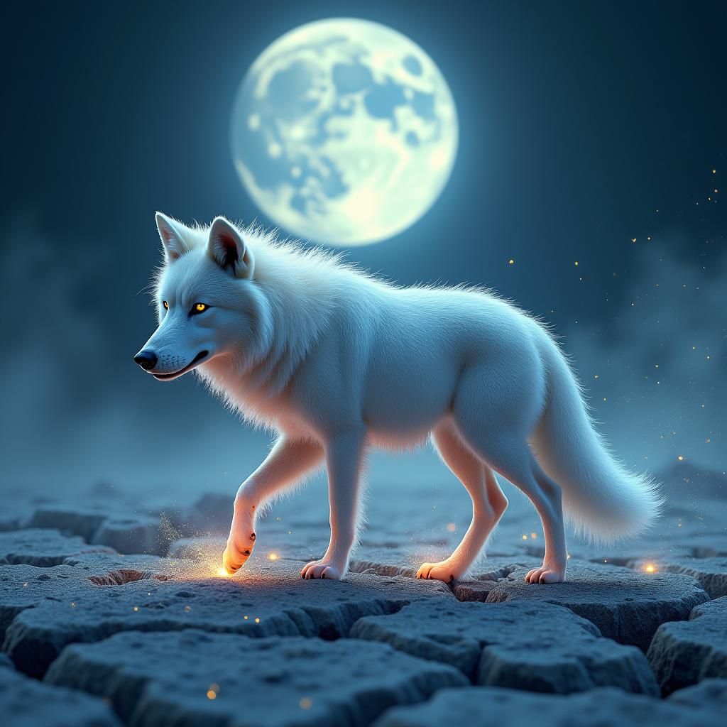 Ethereal Wolf Walks on Moon in Surrealist Style