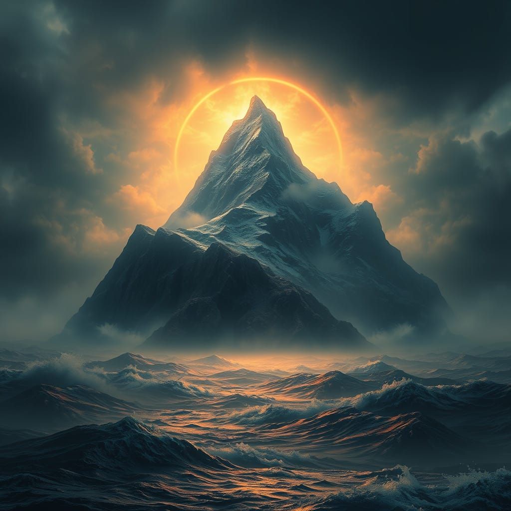 Majestic Mountainous Landmass in a Mystical Aura