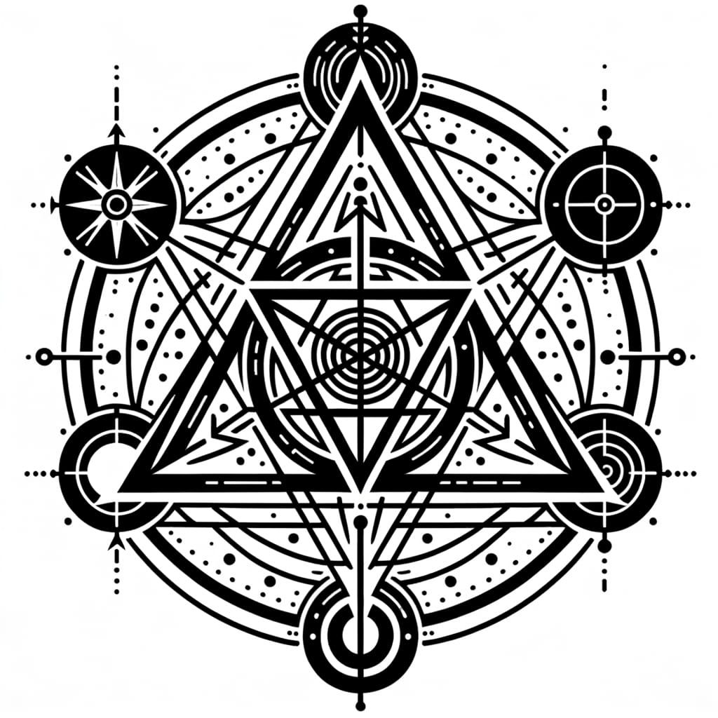 Unified Occult Sigil of Elements in Tattoo Line Art Style