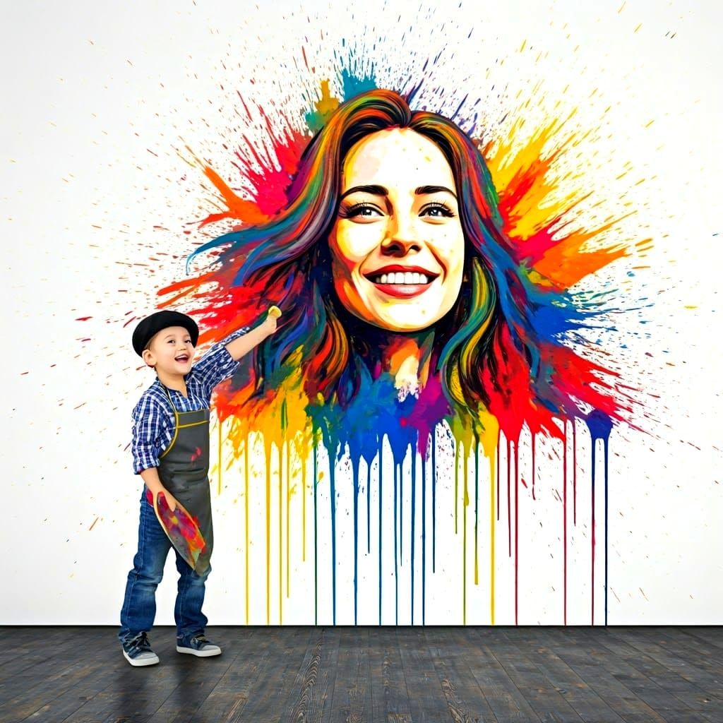 Child Creates Splatter Art Mural of Mother