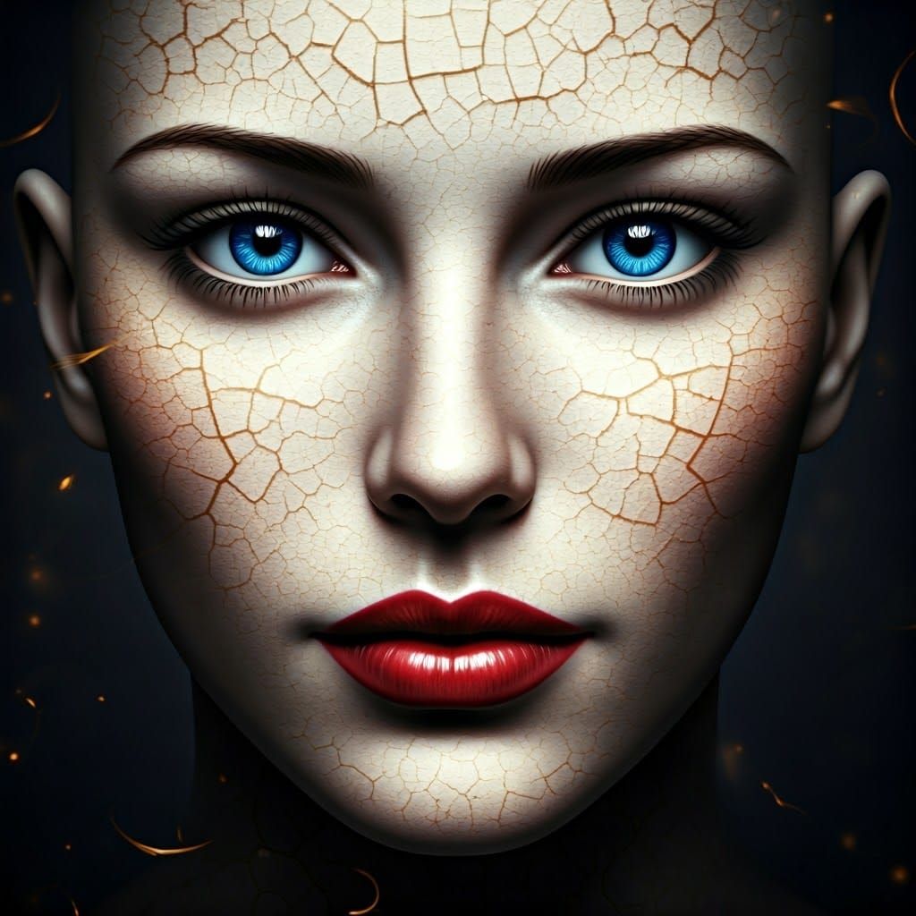 Cracked Porcelain Face with Golden Light