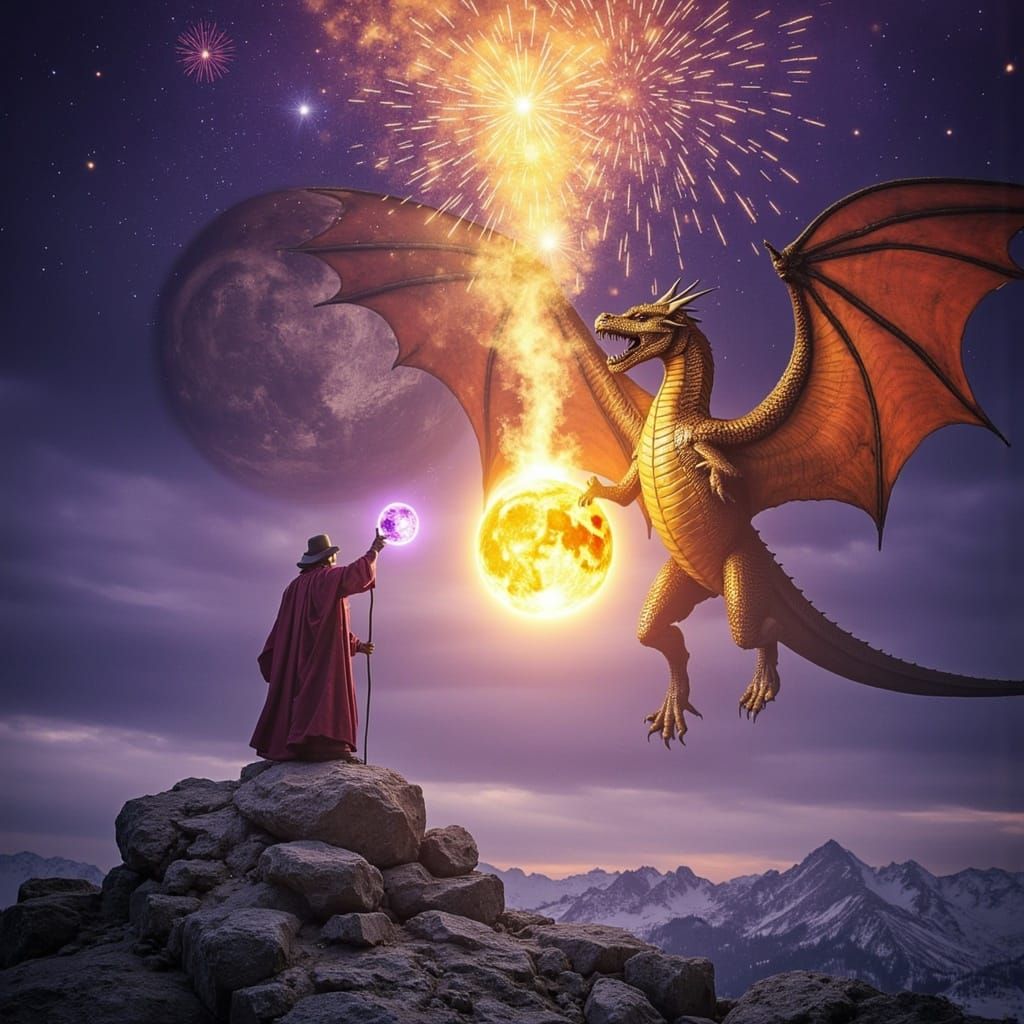 Dragon King and Wizard Unite in Dark Fantasy Landscape