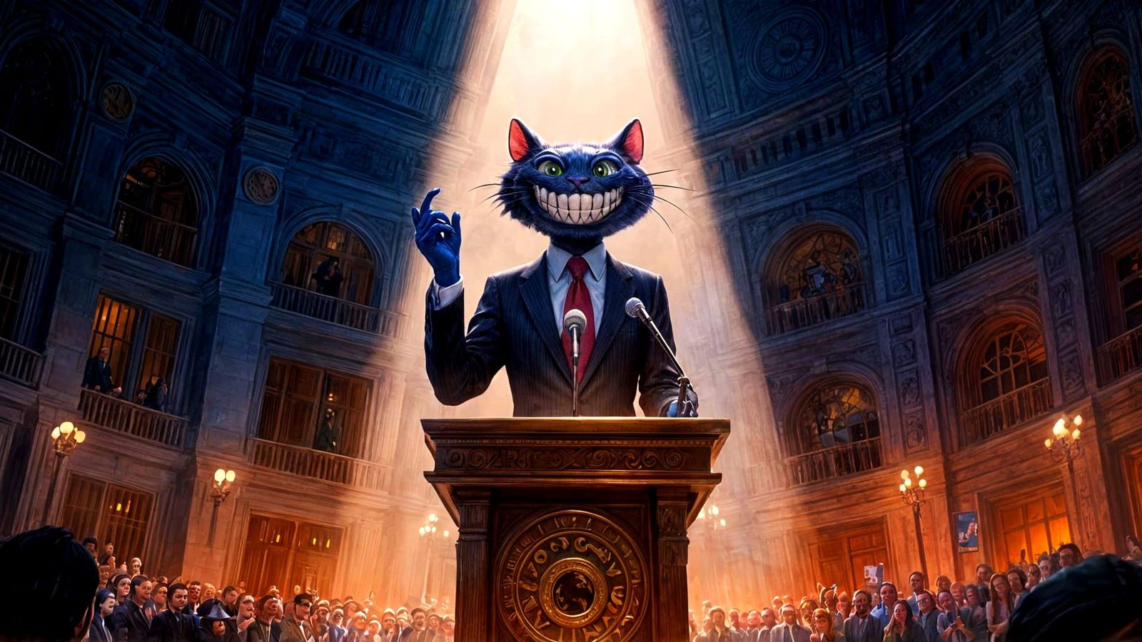 The Cheshire Cat as a slick politician giving a campaign spe...