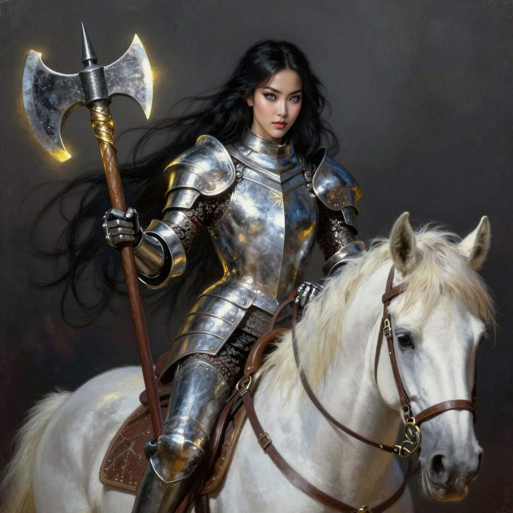 Knight in Silver Armor Riding a White Horse with an Ax