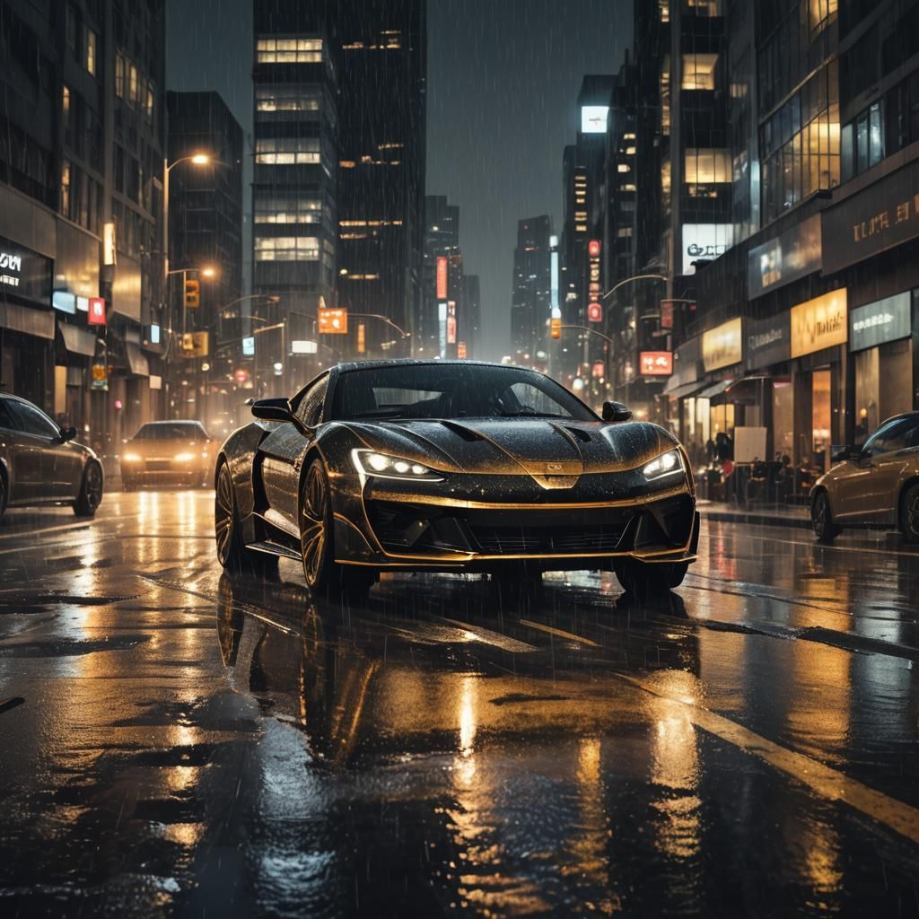 Luxury Sports Car on Wet City Road at Night