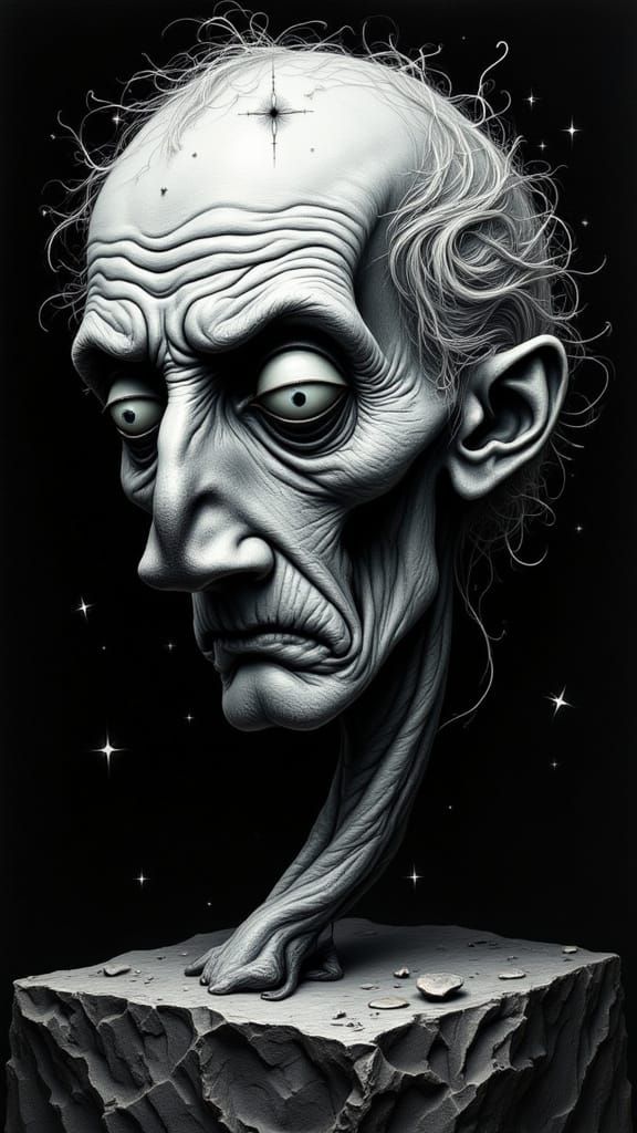 Avant-Garde Old Man Face Line Drawing in Stardust