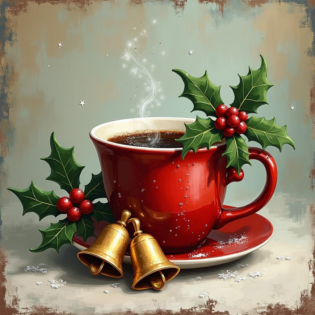 Festive Coffee Cup with Bells in Gouache Style