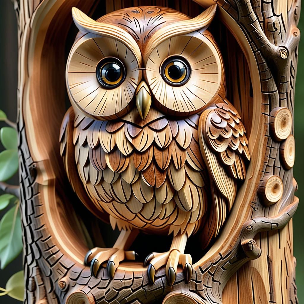Owl carved from a tree trunk