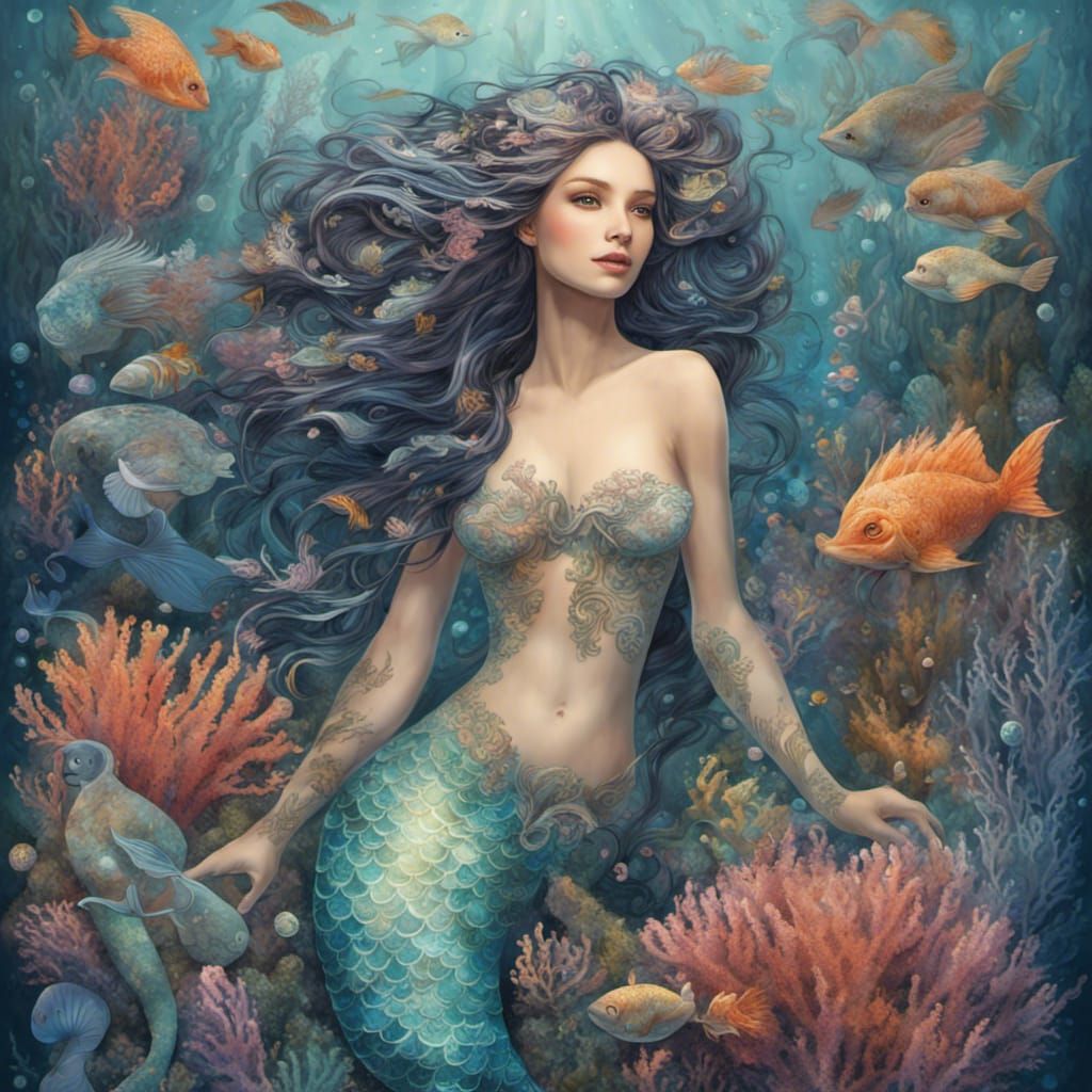 Mermaid in Underwater Garden of Coral Reefs