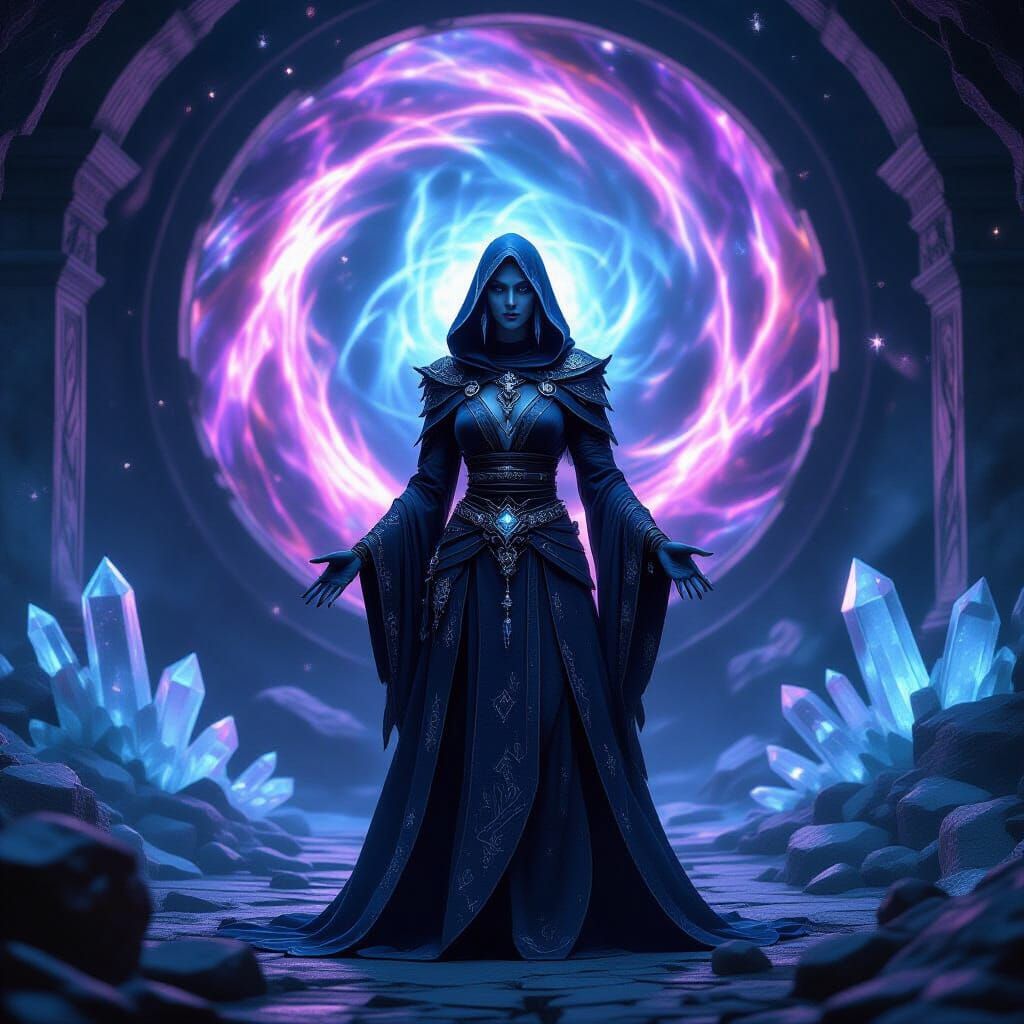 Drow Sorceress Before Cosmic Vortex in Crystal Temple