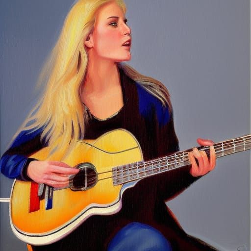 Blonde Girl Playing Guitar as Oil Painting